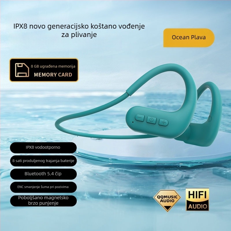 Bežične slušalice s koštanom provodljivošću, Bluetooth, vodootporne, za sport i trčanje, s 8 GB ugrađene memorije