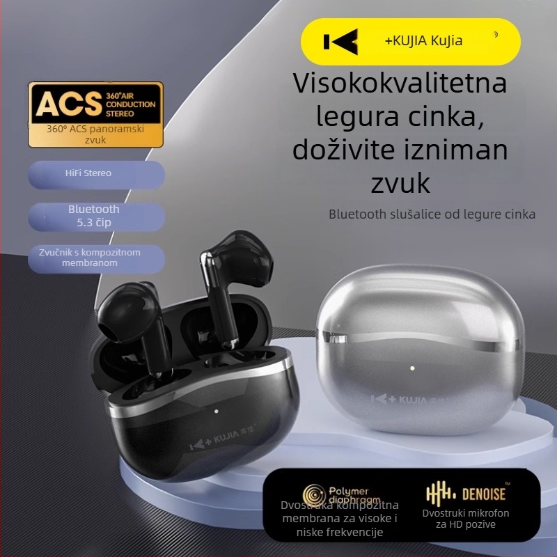 Kujia A900+ bežične slušalice s polu-in-ear dizajnom, cinkovo‑legura, Hi‑Fi zvuk za glazbu i razgovore