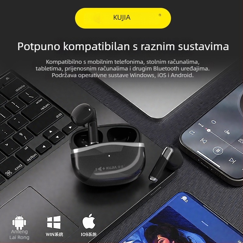 Kujia A900+ bežične slušalice s polu-in-ear dizajnom, cinkovo‑legura, Hi‑Fi zvuk za glazbu i razgovore