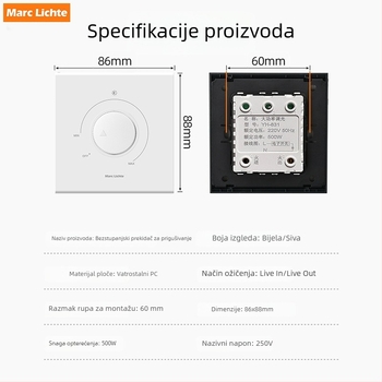 Sivi panel s bezkoraknim dimmerom 86×86 mm za žarulje sa žarnom i LED rasvjetom, mehanički prekidač, otvori za montažu 60×60 mm, radni vijek 100 000 ciklusa