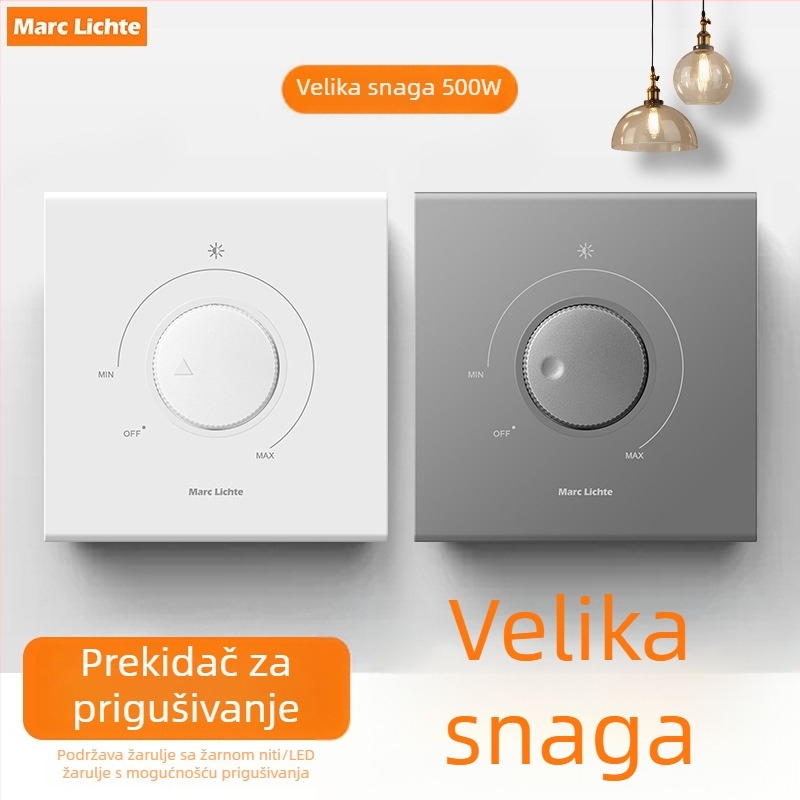 Sivi panel s bezkoraknim dimmerom 86×86 mm za žarulje sa žarnom i LED rasvjetom, mehanički prekidač, otvori za montažu 60×60 mm, radni vijek 100 000 ciklusa
