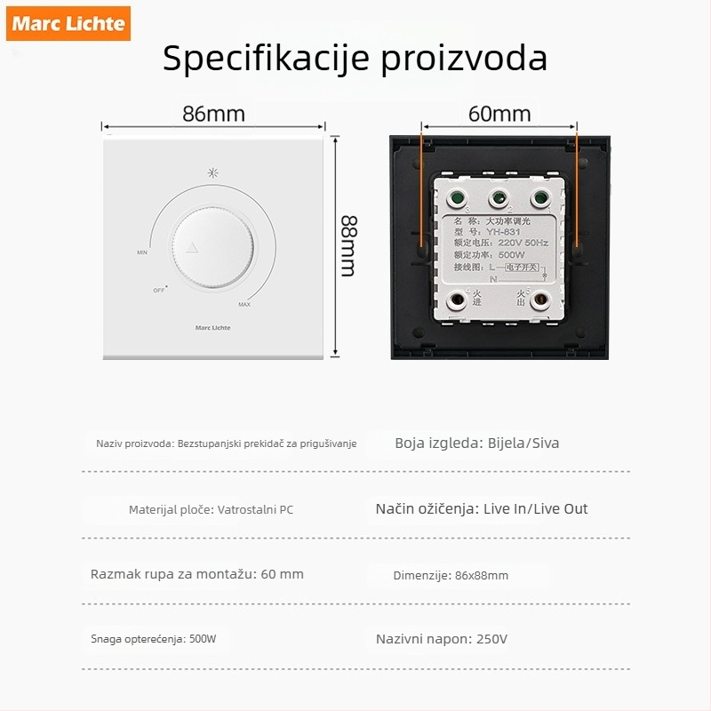 Sivi panel s bezkoraknim dimmerom 86×86 mm za žarulje sa žarnom i LED rasvjetom, mehanički prekidač, otvori za montažu 60×60 mm, radni vijek 100 000 ciklusa