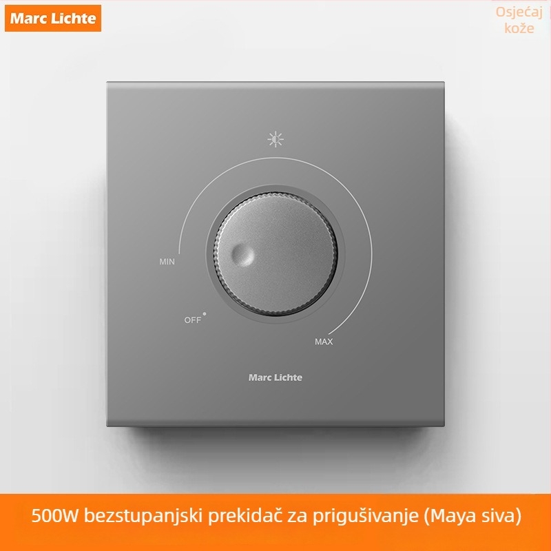 Sivi panel s bezkoraknim dimmerom 86×86 mm za žarulje sa žarnom i LED rasvjetom, mehanički prekidač, otvori za montažu 60×60 mm, radni vijek 100 000 ciklusa