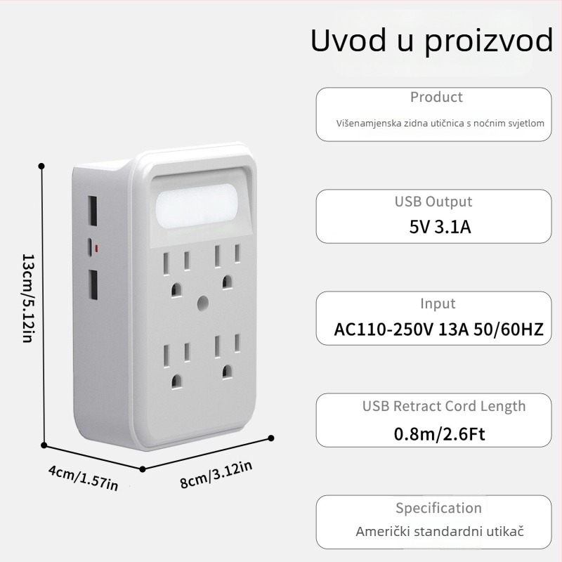 Zidni razvodnik s 6 utičnica i LED senzorom, 9-in-1 proširenje, utičnica američkog standarda