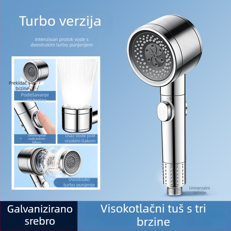 Glava tuša za kupaonicu, višestruka funkcija, visok tlak, ručna, okruglog oblika, zidni nosač s mogućnošću rotacije
