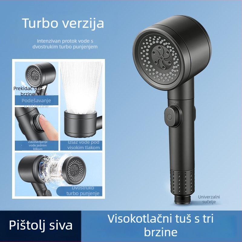 Glava tuša za kupaonicu, višestruka funkcija, visok tlak, ručna, okruglog oblika, zidni nosač s mogućnošću rotacije