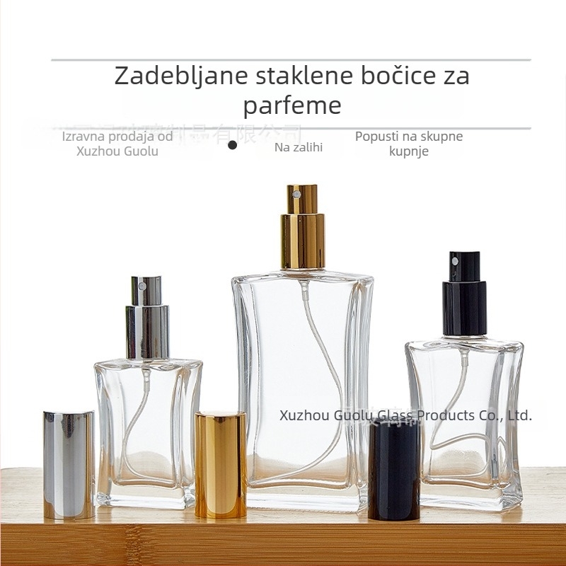 Kvadratna staklena bočica za parfem, 30 ml, prozirna, navojni vrat, prijenosna s finim raspršivanjem