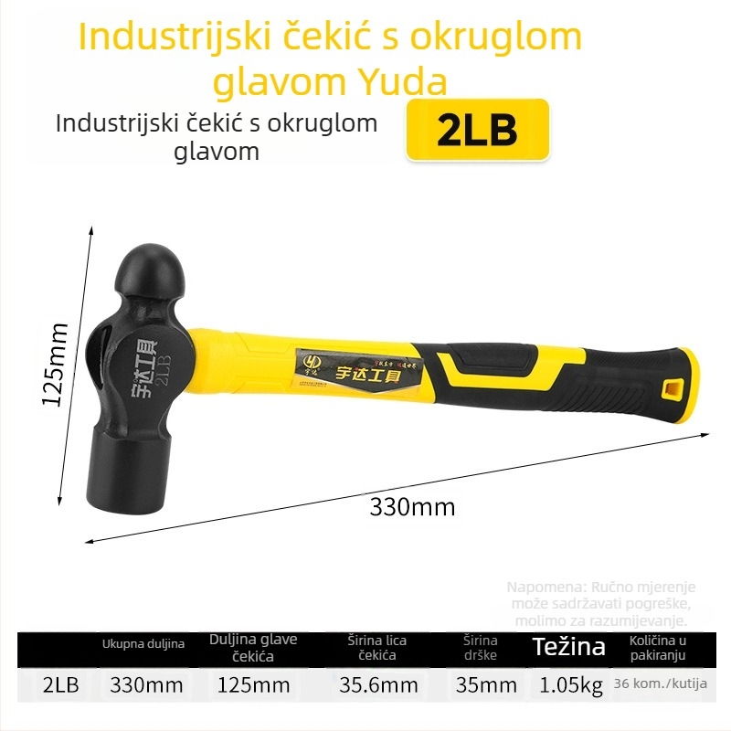 Čekić s kugličastom glavom, visokougljični čelik, 1 lb, 2 komada u paketu, ukupna duljina 300 mm, drška od TPR-a, za kućnu preradu i stolariju