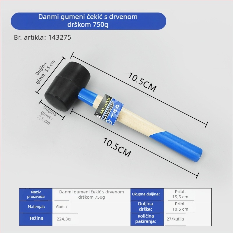 Gumeni čekić s okruglom drškom od drveta za ugradnju podnih pločica - 200 g, 300 g, 400 g, 500 g