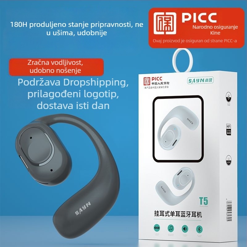 Bežične slušalice s kondukcijom zraka Bluetooth 5.3, bez umetanja u uho, kuka za uho, jednostrano stereo, dugotrajna baterija