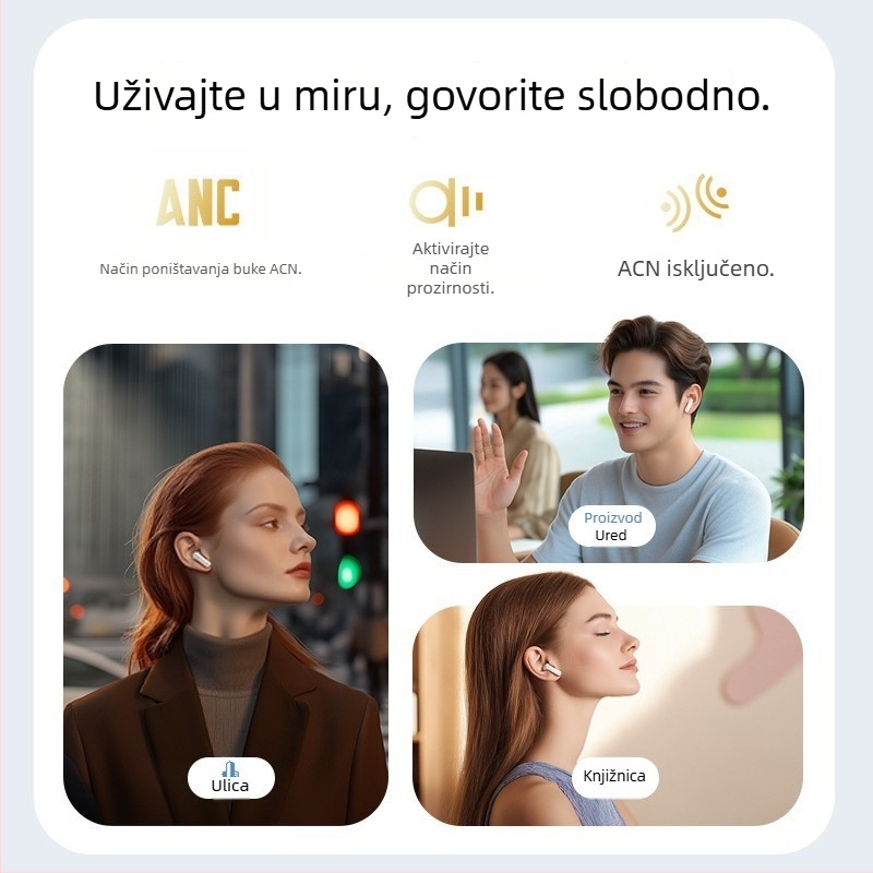 Bežične Bluetooth slušalice u uho s dodirnim zaslonom i redukcijom buke, sportski stil, stereo, Bluetooth 5.4, trajanje baterije 4–8 sati, visoka kvaliteta