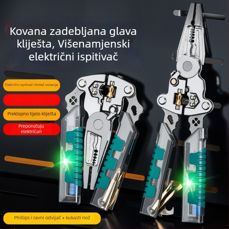 Sklopne kliješte za skidanje izolacije žica s integriranim testerom napetosti, ojačane, višenamjenski elektrotehnički alat