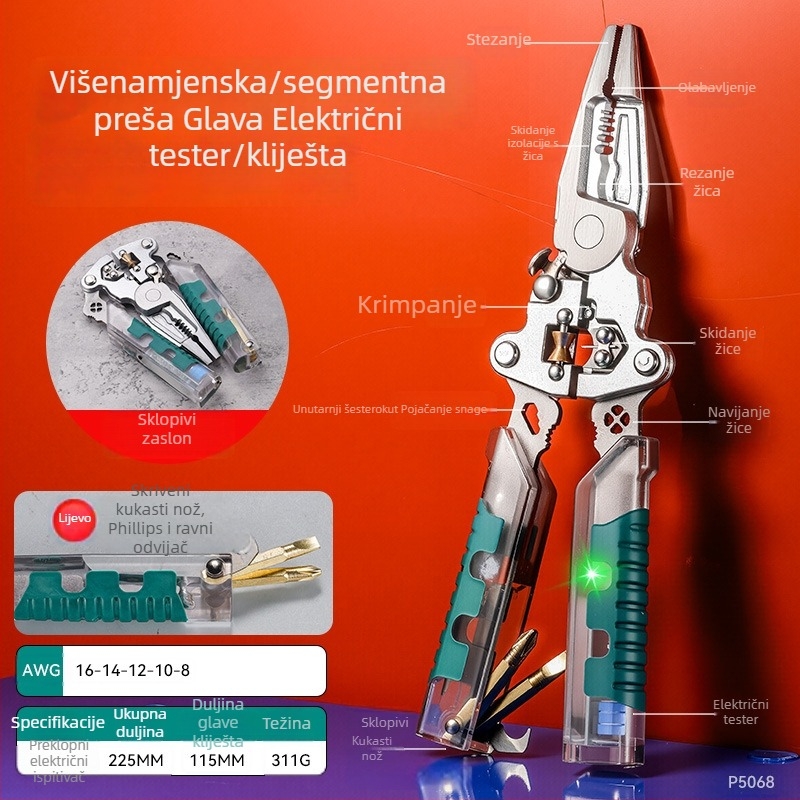 Sklopne kliješte za skidanje izolacije žica s integriranim testerom napetosti, ojačane, višenamjenski elektrotehnički alat