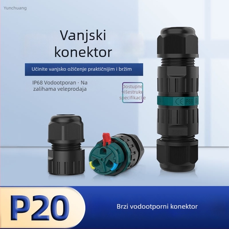 IP68 bezvijačni vodootporni konektor P20, direktan prolaz 3-žilni, spajanje pritiskom i klikom za brzo spajanje