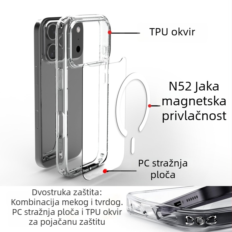 Prozirni magnetski zaštitni kućište za iPhone 17 Pro, otporno na padove i ogrebotine, 2.0 mm