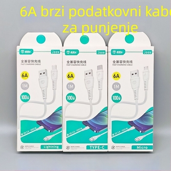 6A kabel za brzo punjenje i podatkovni kabel za Android, Type-C i Apple uređaje, s Lightning, Micro USB i Type-C priključcima, duljina 1 m, silikon, bijela