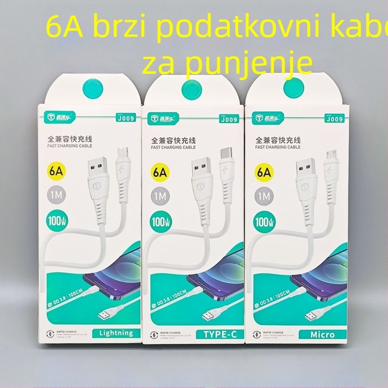 6A kabel za brzo punjenje i podatkovni kabel za Android, Type-C i Apple uređaje, s Lightning, Micro USB i Type-C priključcima, duljina 1 m, silikon, bijela