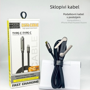 Type-C kabel s L-oblikom, pleteni, brzo punjenje, 1–2 m, crni, za tablete i telefone
