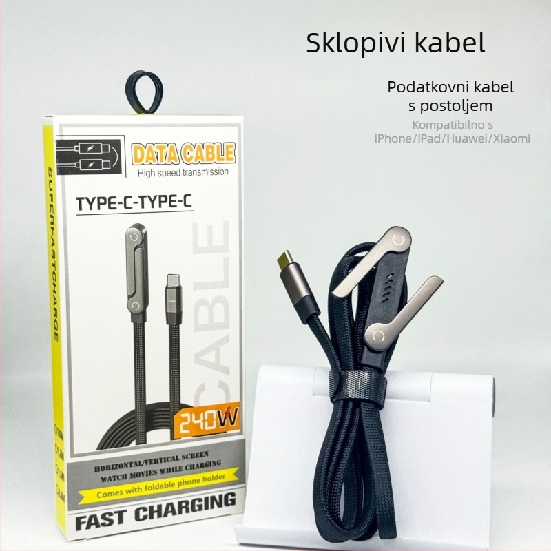 Type-C kabel s L-oblikom, pleteni, brzo punjenje, 1–2 m, crni, za tablete i telefone