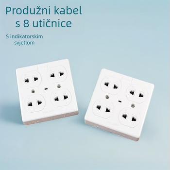 Produžni kabel s osam utičnica, dvostruki red AB, s indikatorom, kompatibilan s europskim i jugoistočnoazijskim utičnicama, plavo-bijeli.