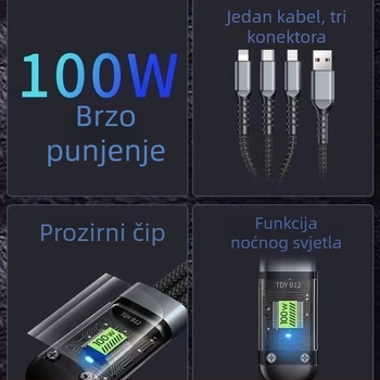 1-3 s 100W brzog punjenja, tri u jedan (Lightning, Micro USB, USB-C), za Apple, Android i Huawei, duljina 1,2 m, pleteni srebrno-sivi