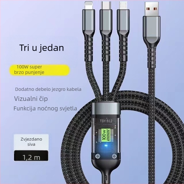 1-3 s 100W brzog punjenja, tri u jedan (Lightning, Micro USB, USB-C), za Apple, Android i Huawei, duljina 1,2 m, pleteni srebrno-sivi