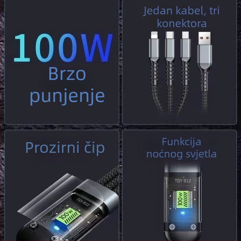 1-3 s 100W brzog punjenja, tri u jedan (Lightning, Micro USB, USB-C), za Apple, Android i Huawei, duljina 1,2 m, pleteni srebrno-sivi