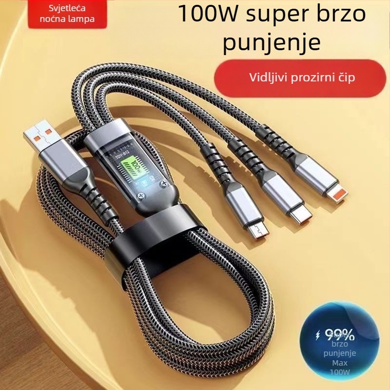 1-3 s 100W brzog punjenja, tri u jedan (Lightning, Micro USB, USB-C), za Apple, Android i Huawei, duljina 1,2 m, pleteni srebrno-sivi