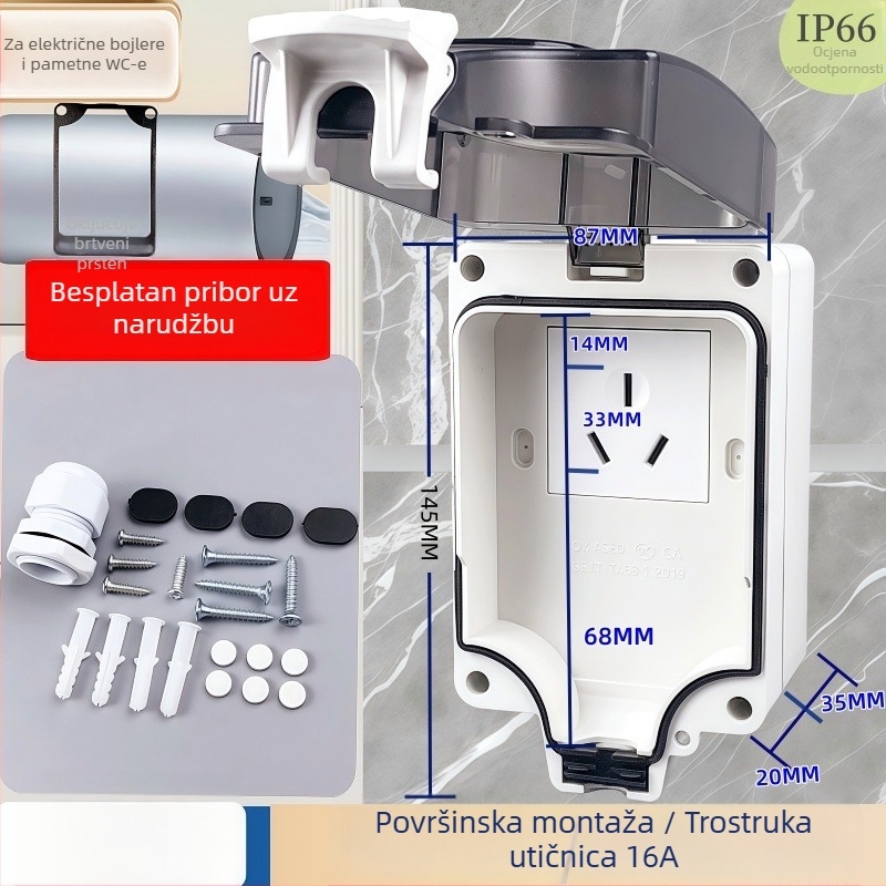 Vanjska kišootporna električna utičnica, vodootporna i UV zaštita, pločasta montaža, utičnica s 5 pinova/3 pinova u zaštitnom kućištu