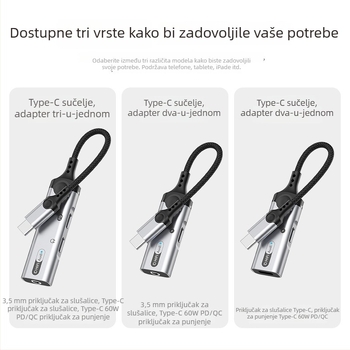 Type-C adapter za iPad i Google, 3,5 mm 3-u-1 konektor za slušalice, livestream i pozivi, U-Shield 60W