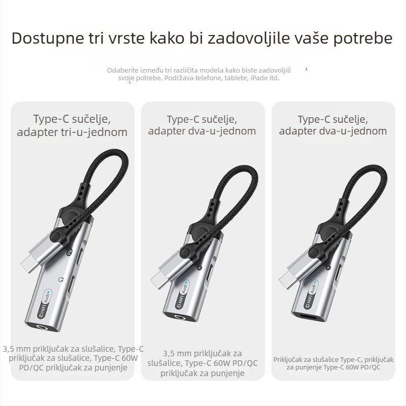 Type-C adapter za iPad i Google, 3,5 mm 3-u-1 konektor za slušalice, livestream i pozivi, U-Shield 60W