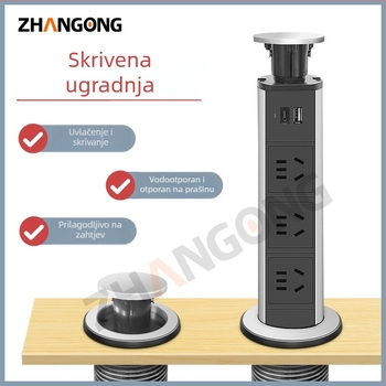 Ručni skriveni pametni stolni produžni blok s USB, 5 utičnica, za kuhinjski ormarić, mehanizam podizanja i izvlačenja, otvor 60 mm
