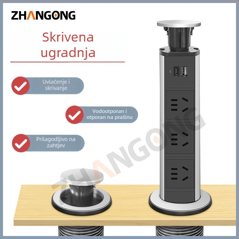 Ručni skriveni pametni stolni produžni blok s USB, 5 utičnica, za kuhinjski ormarić, mehanizam podizanja i izvlačenja, otvor 60 mm