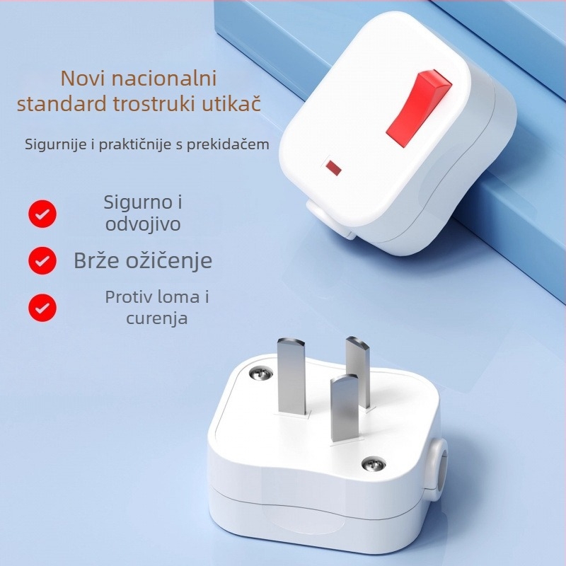 Utičnica s osvijetljenim prekidačem i jednim dodirom za isključivanje, 10A, trotipinska utičnica s tri pina i tri otvora, bez kabla