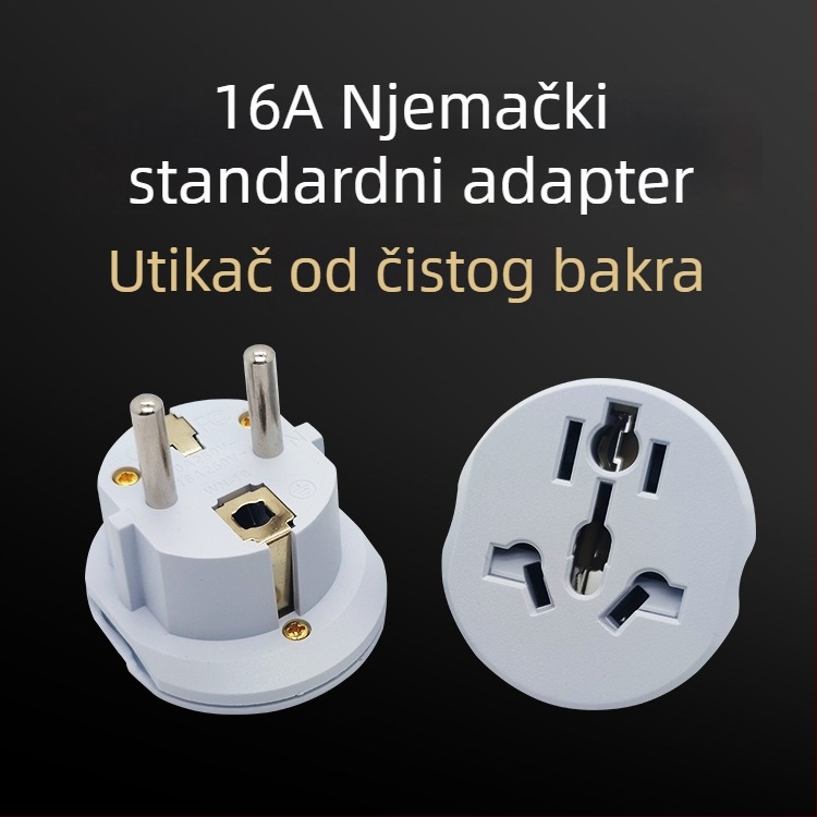 16A bakreni konverzijski utikač po njemačkom standardu, kompatibilan s njemačkim, francuskim, ruskim, britanskim i američkim standardima.