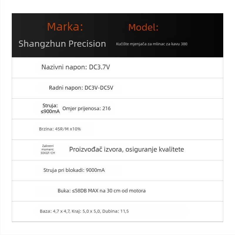 Četkasti DC motor s reduktorom 380 za mlin za kavu
