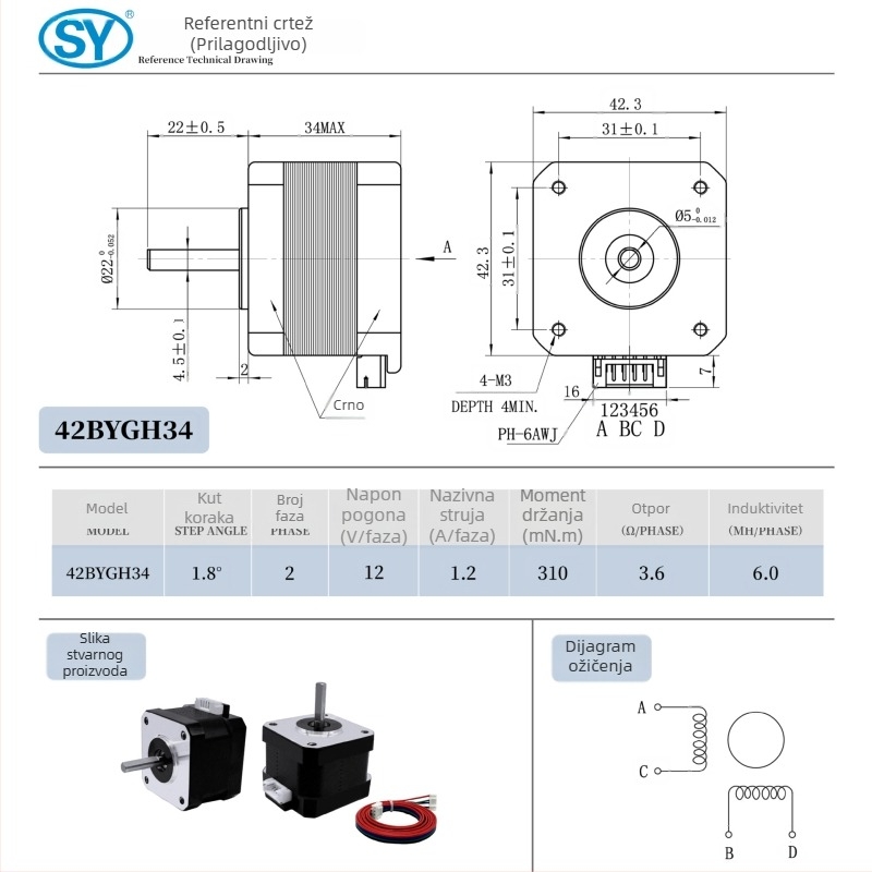 NEMA 17 42BYGH hibridni korak motor, 12V, visina 34 mm