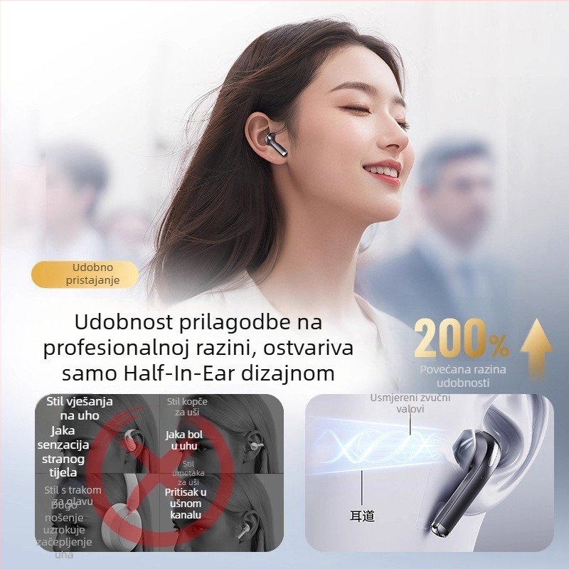 J05 bežične Bluetooth slušalice, model 2025, duga baterija, IPX6 vodootporne, polu-ušni dizajn, stereo zvuk, niska latencija za igre