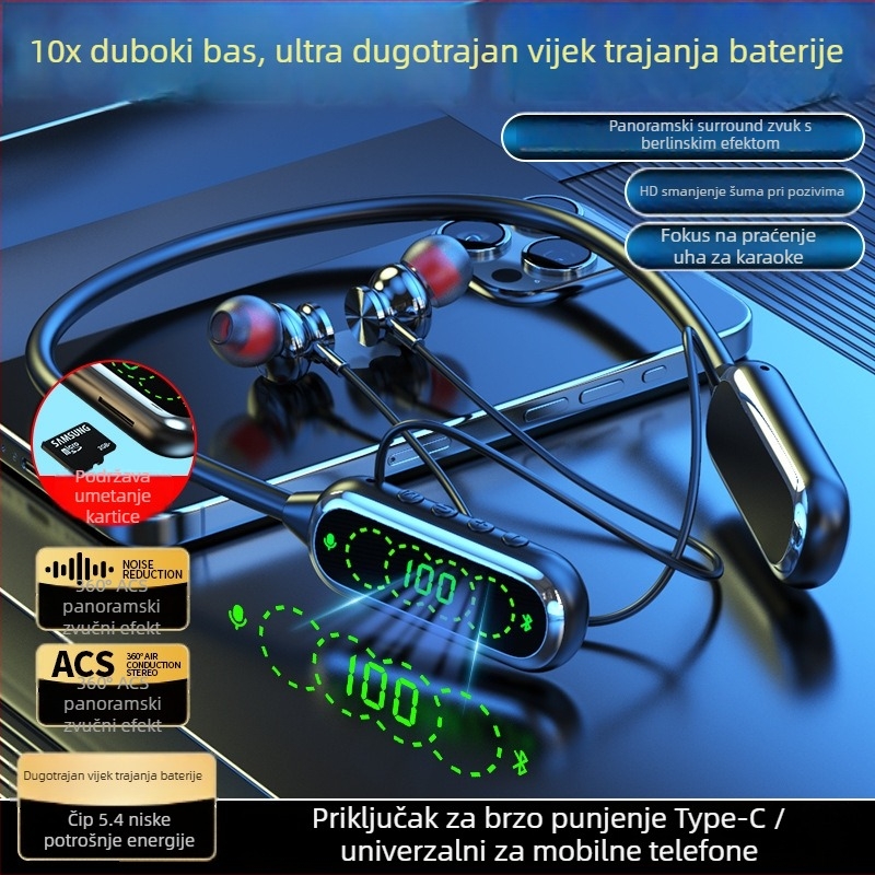 Bluetooth slušalice za vrat s digitalnim zaslonom, MP3 reprodukcija s kartice, dugo trajanje baterije, sport i karaoke, redukcija šuma