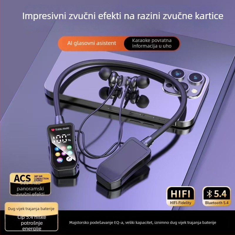 Bežične Bluetooth slušalice s vratnim dizajnom, digitalnim zaslonom, redukcijom šuma, slotom za karticu, sportski zvuk, praćenje u uhu, udoban dizajn, dugotrajna baterija