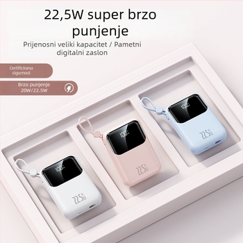 3C certificirana power banka, mini s ugrađenim kabelom, 22.5W, 20000mAh visok kapacitet, prilagodljiv dar