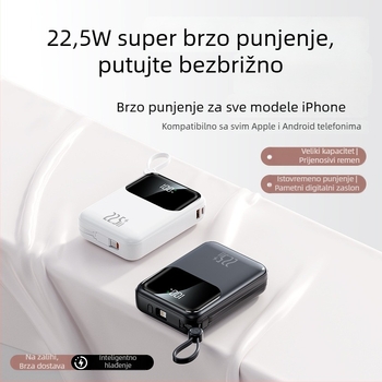 3C certificirana power banka, mini s ugrađenim kabelom, 22.5W, 20000mAh visok kapacitet, prilagodljiv dar