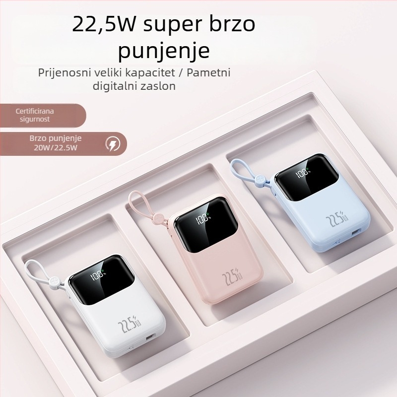 3C certificirana power banka, mini s ugrađenim kabelom, 22.5W, 20000mAh visok kapacitet, prilagodljiv dar