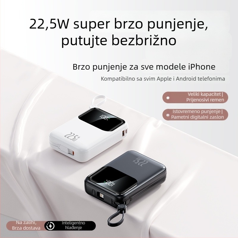 3C certificirana power banka, mini s ugrađenim kabelom, 22.5W, 20000mAh visok kapacitet, prilagodljiv dar