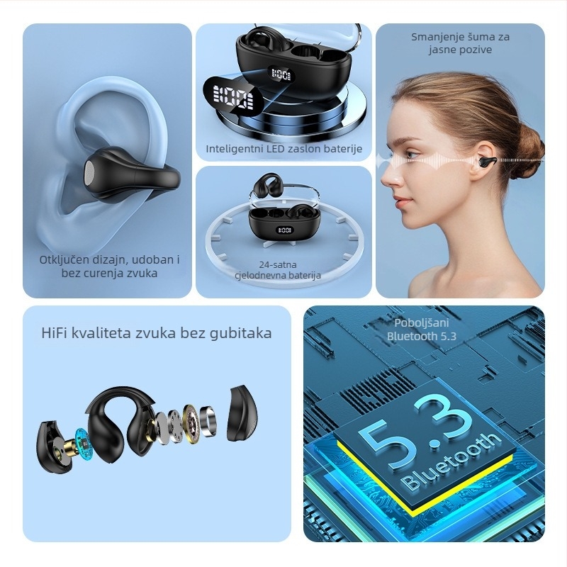 Bežične Bluetooth slušalice s klipom za uho, 5.3 digitalni prikaz, nije u uhu, dugotrajna baterija