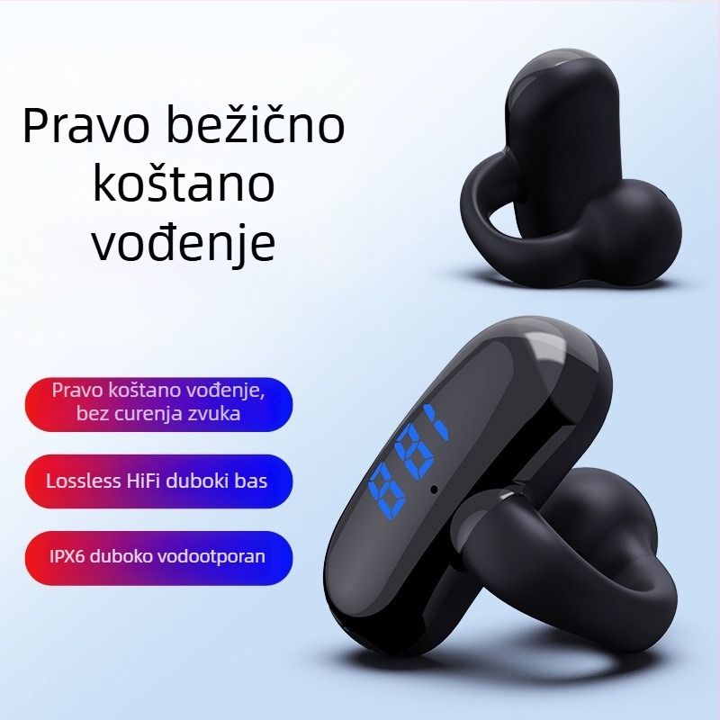 2024 Bežične slušalice s kostnom kondukcijom, klips dizajn, ne ulaze u uho, velika baterija, digitalni zaslon, pogodne za sport