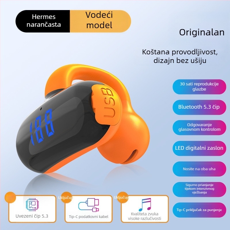 2024 Bežične slušalice s kostnom kondukcijom, klips dizajn, ne ulaze u uho, velika baterija, digitalni zaslon, pogodne za sport