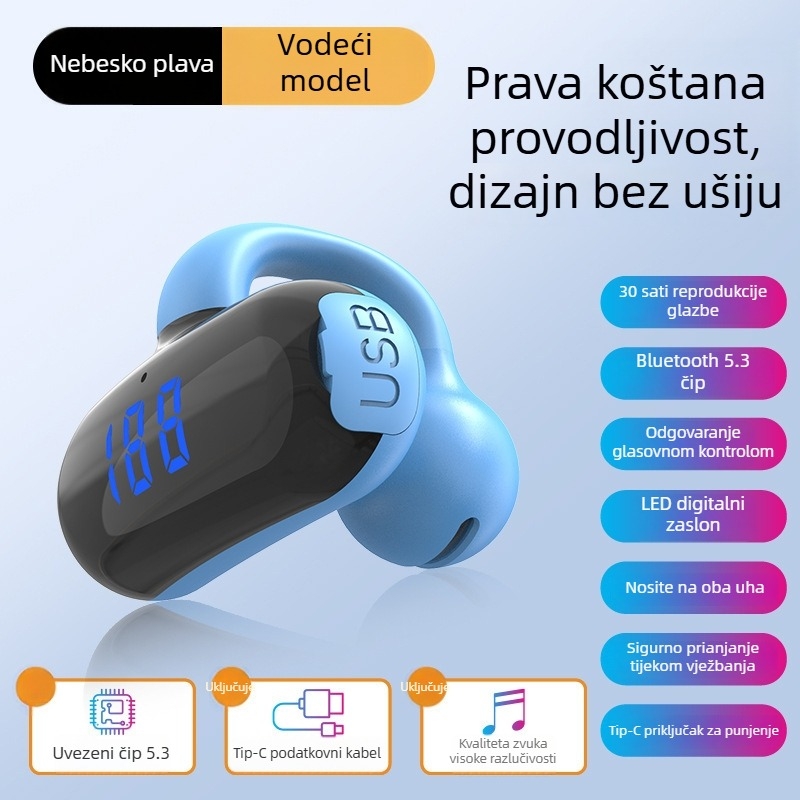 2024 Bežične slušalice s kostnom kondukcijom, klips dizajn, ne ulaze u uho, velika baterija, digitalni zaslon, pogodne za sport