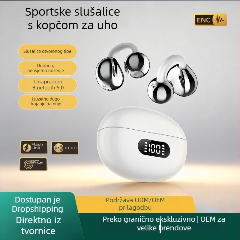 2026 novi model Bluetooth slušalica s otvorenim dizajnom za uho, ANC i ENC potiskivanje šuma, klipsa za uho, bežične bas slušalice