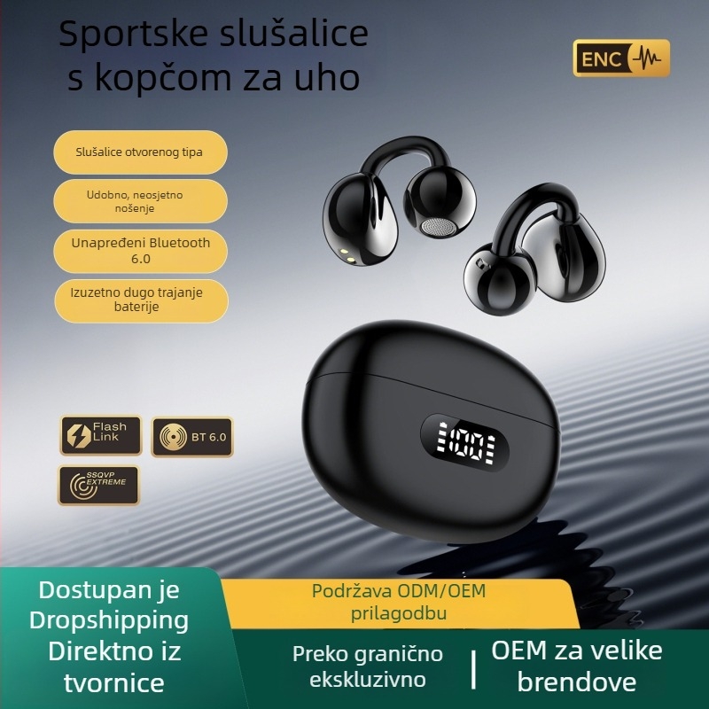 2026 novi model Bluetooth slušalica s otvorenim dizajnom za uho, ANC i ENC potiskivanje šuma, klipsa za uho, bežične bas slušalice